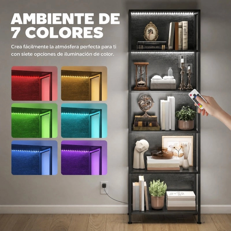 Libreria a 5 livelli 60x30x179 cm in legno e metallo nero con LED