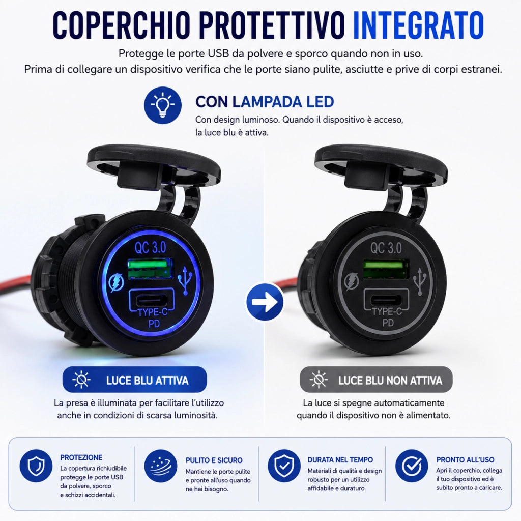 Caricabatterie USB-A QC 3.0 + USB-C PD 12V/24V da Incasso 15,8W 15816