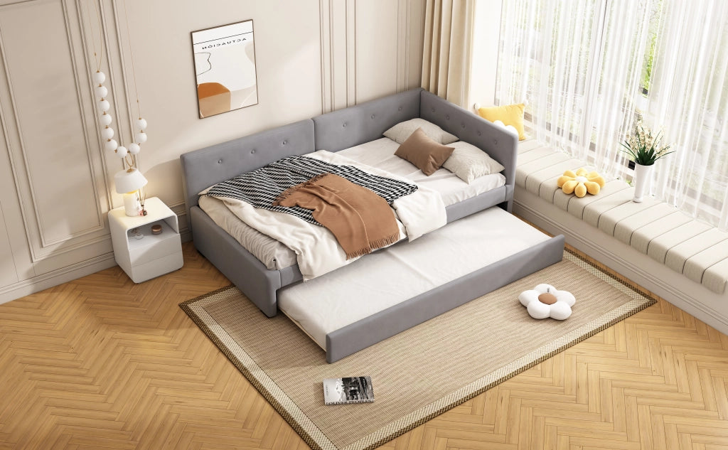Letto singolo 90 × 200 cm con letto estraibile in velluto e MDF grigio con rete a doghe e testiera