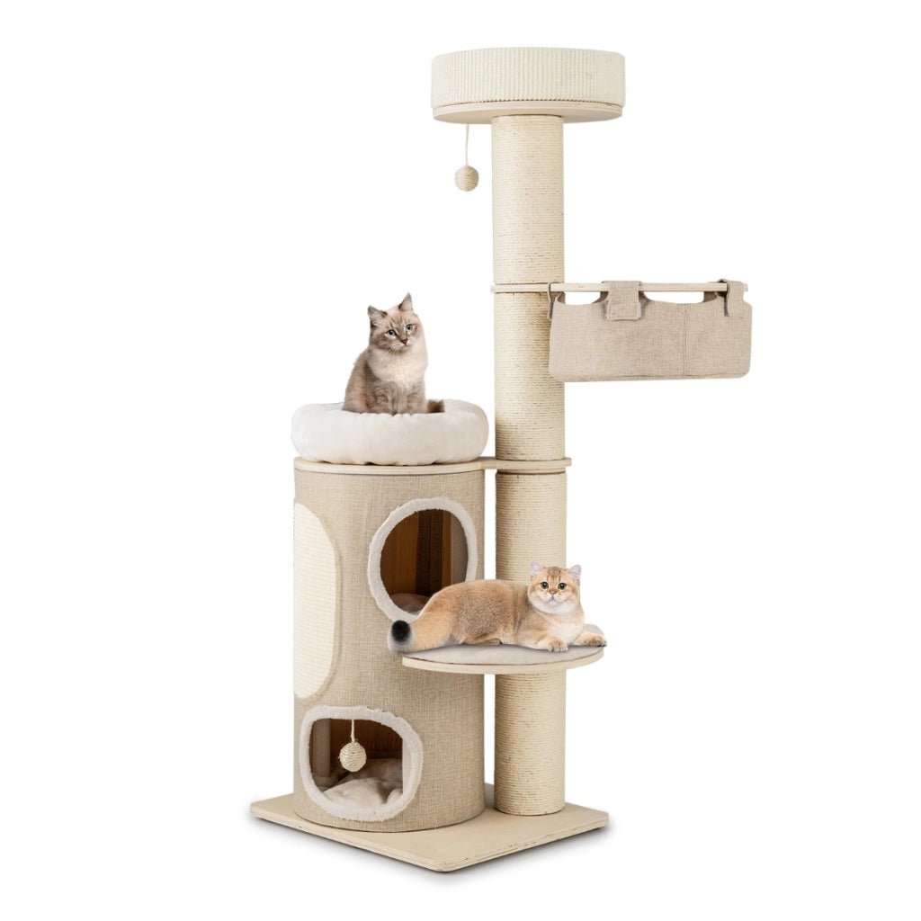 Albero per gatti da 154cm per gatti interni, Torre per gatti multi-livello con condominio a 2 piani Naturale-Alberi Tiragraffi