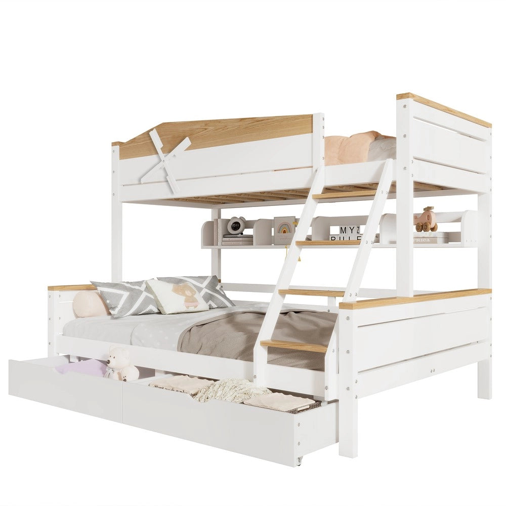 Letto a Castello con Cassetti e Ripiani ¨C MINIMAL ¨C Pino, Bianco/Naturale, 90x200 & 140x200
