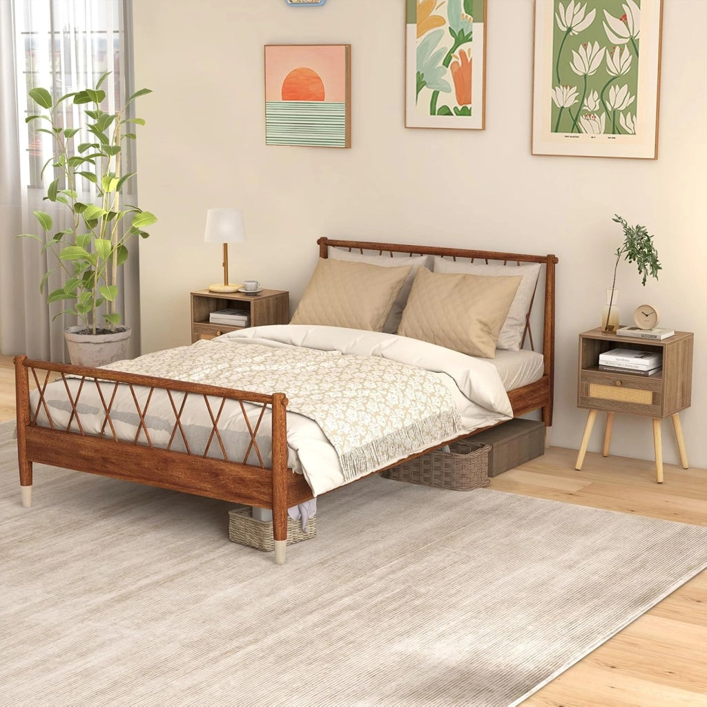Set di 2 comodini con cassetto in rattan e ripiano aperto, tavolino con gambe in legno massello, comodino in stile boho, per camera da letto, soggiorno, 40 x 30 x 60,5 cm