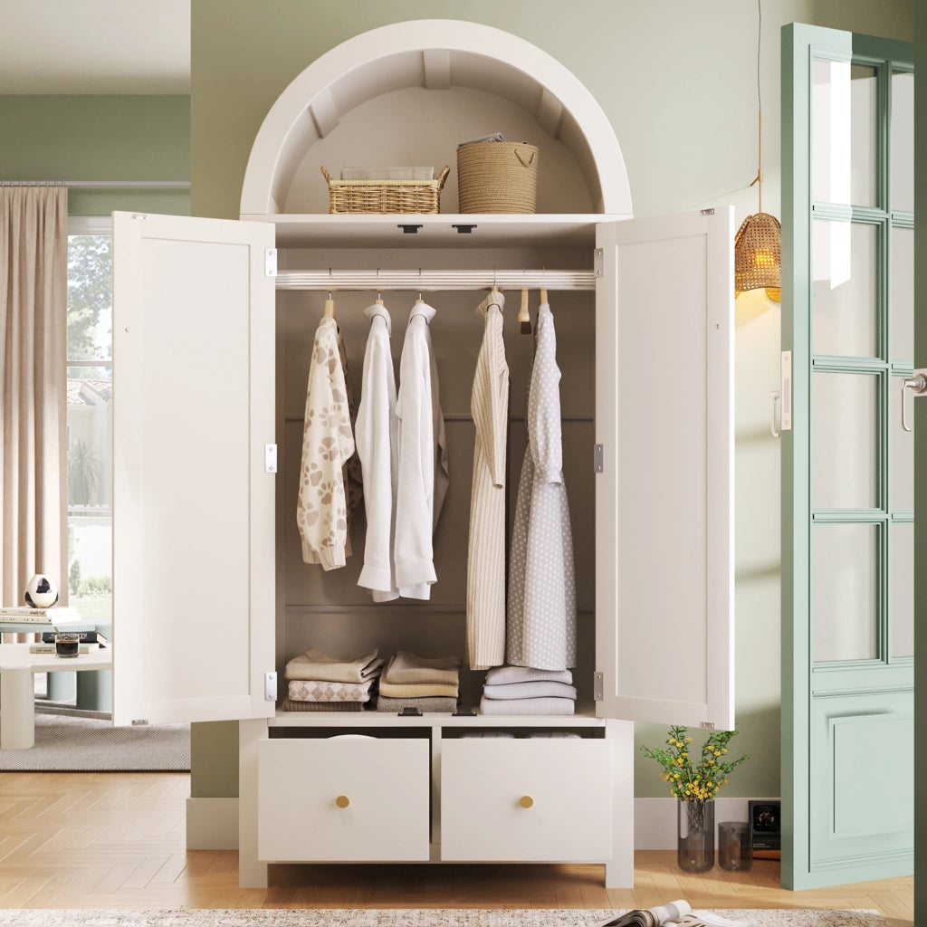 ARMADIO 181x78x45 cm con frontali in rattan, bianco, 2 cassetti