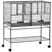 EasyComfort Doppia Gabbia per Uccelli in Metallo di Alta Qualità con Vassoi Estraibili, Supporto Stabile con 4 Ruote e Ripiano, 95x45.5x102cm, Nero Grigio