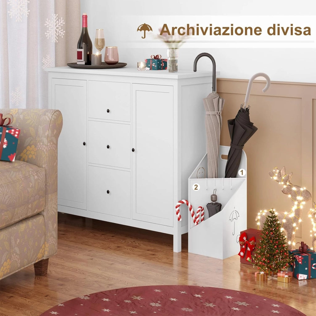 Portaombrelli con 4 Ganci e 2 Aree Separate, in Metallo Antiruggine, con Design a Conca e Sorriso, per Corridoio, Ingresso, Bianco