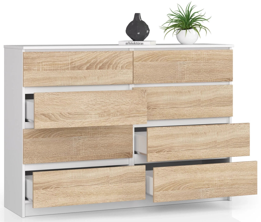 Cassettiera AKORD K140 Bianca 138 cm 8 cassetti inserto frontale Sonoma Quercia 138x40x99 cm