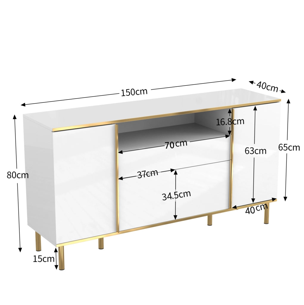 Credenza 150x40x80 cm con LED; 4 ante e 1 cassetto; MDF e pannello truciolare bianco lucido