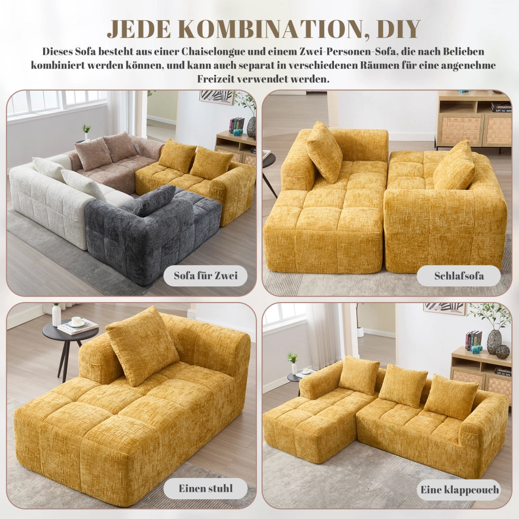 OKWISH Divano ad Angolo 3 Posti, Modulare con Chaise Longue e Tasche Laterali, Ciniglia, Giallo, 250 × 158 × 60 cm