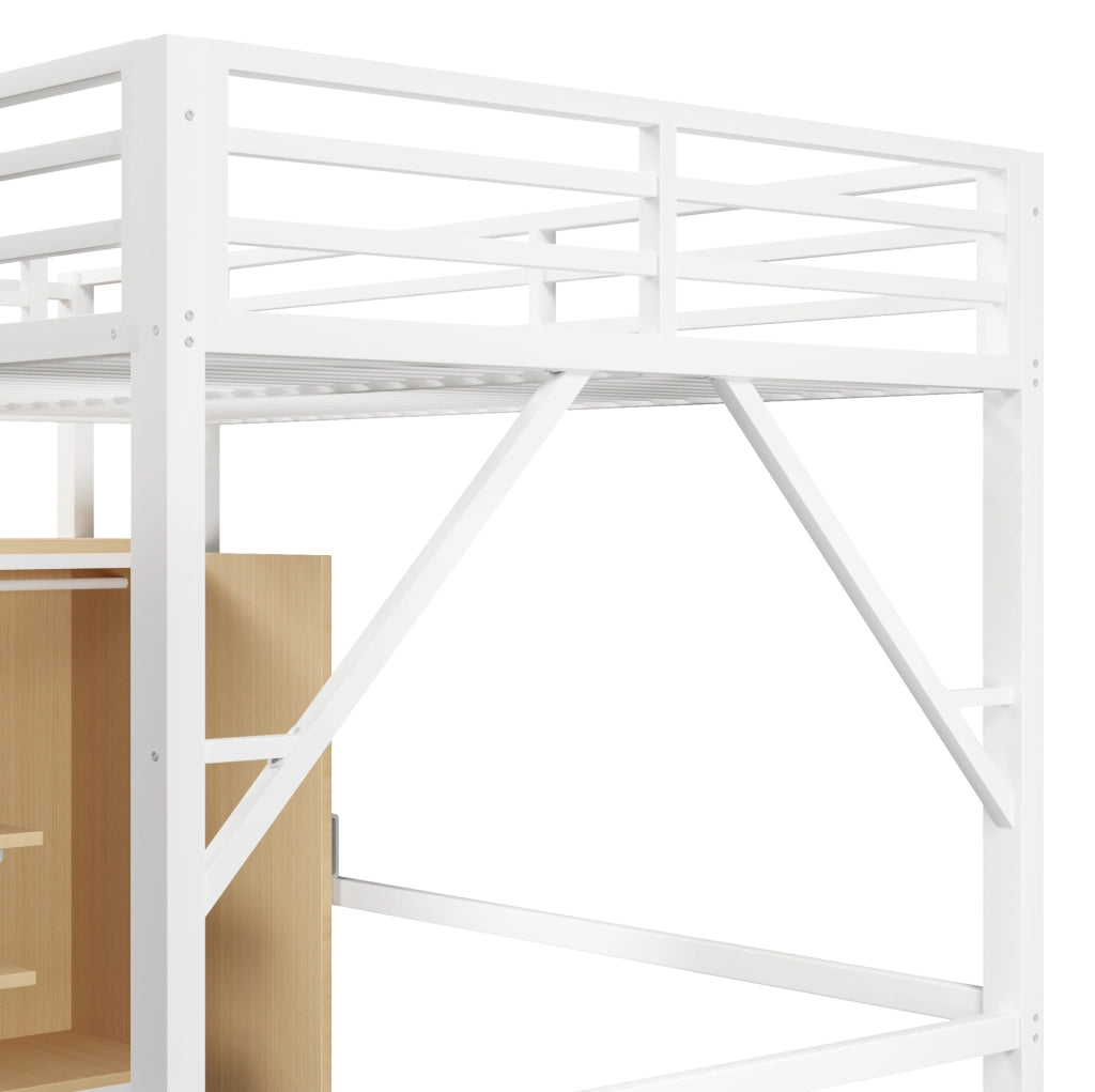 Letto a soppalco 140x200 cm in metallo e MDF con armadio; vani contenitori e LED; bianco