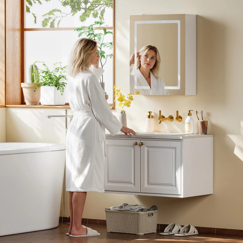 Armadietto Bagno con Specchio 50x15x60 cm Luce LED Regolabile e Sistema Antiappannamento in MDF Bianco