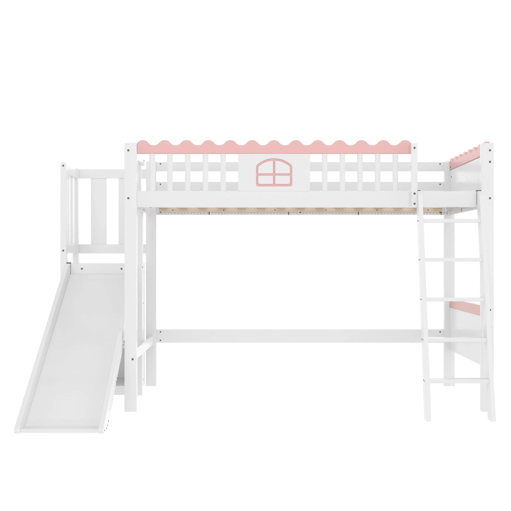 Letto a soppalco singolo 90×200 cm con LED; 3 ripiani e scivolo; senza materasso; pino; bianco