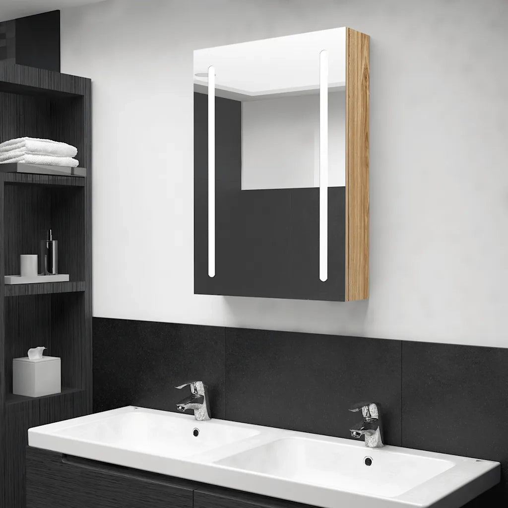 Armadietto Bagno | Armadio da bagno con Specchio e LED Rovere 50x13x70 cm