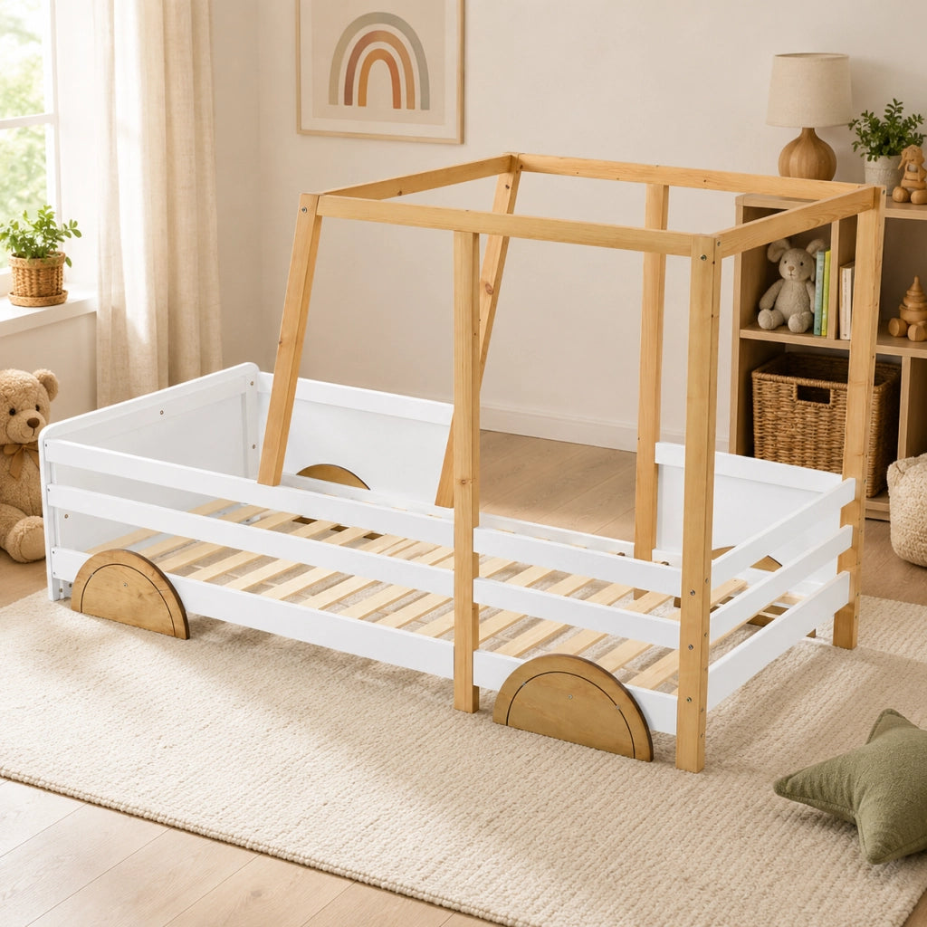 Letto a forma di auto 207.5x95x124 cm con sponde di protezione in legno bianco; naturale e marrone
