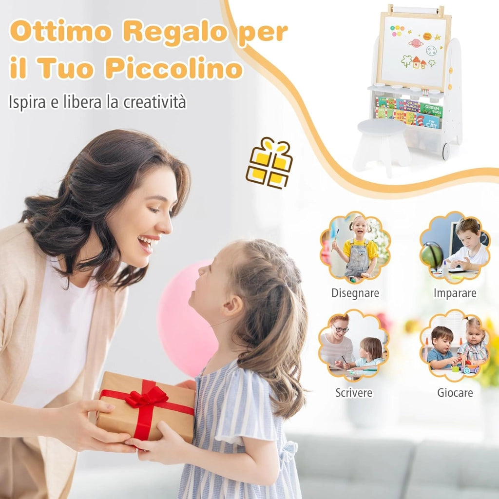 Cavalletto Lavagna per Bambini con Sgabello e Tavolo 4 in 1, Lavagna Magnetica Regolabile in Altezza con Rotolo di Carta e 4 Tazze di Vernice, Cavalletto a Ruote con Gessi e Cancellino