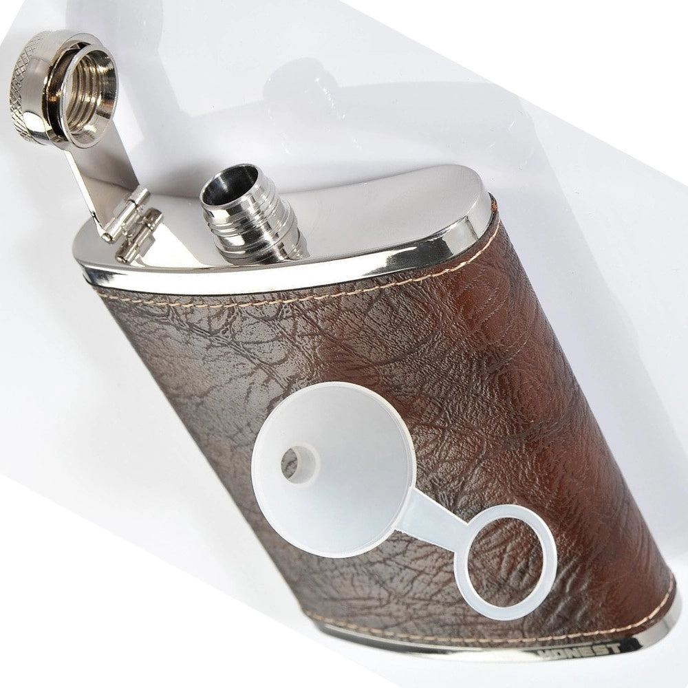 Trade Shop - Fiaschetta Liquore Tascabile Rivestita In Cuoio Da 200 Ml Forma Curva Buccuccio -
