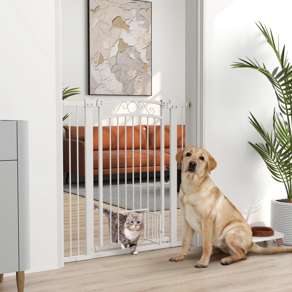 Cancellino per Cani Regolabile con Estensioni e Porta per Gatti, 76-104x106cm, Bianco