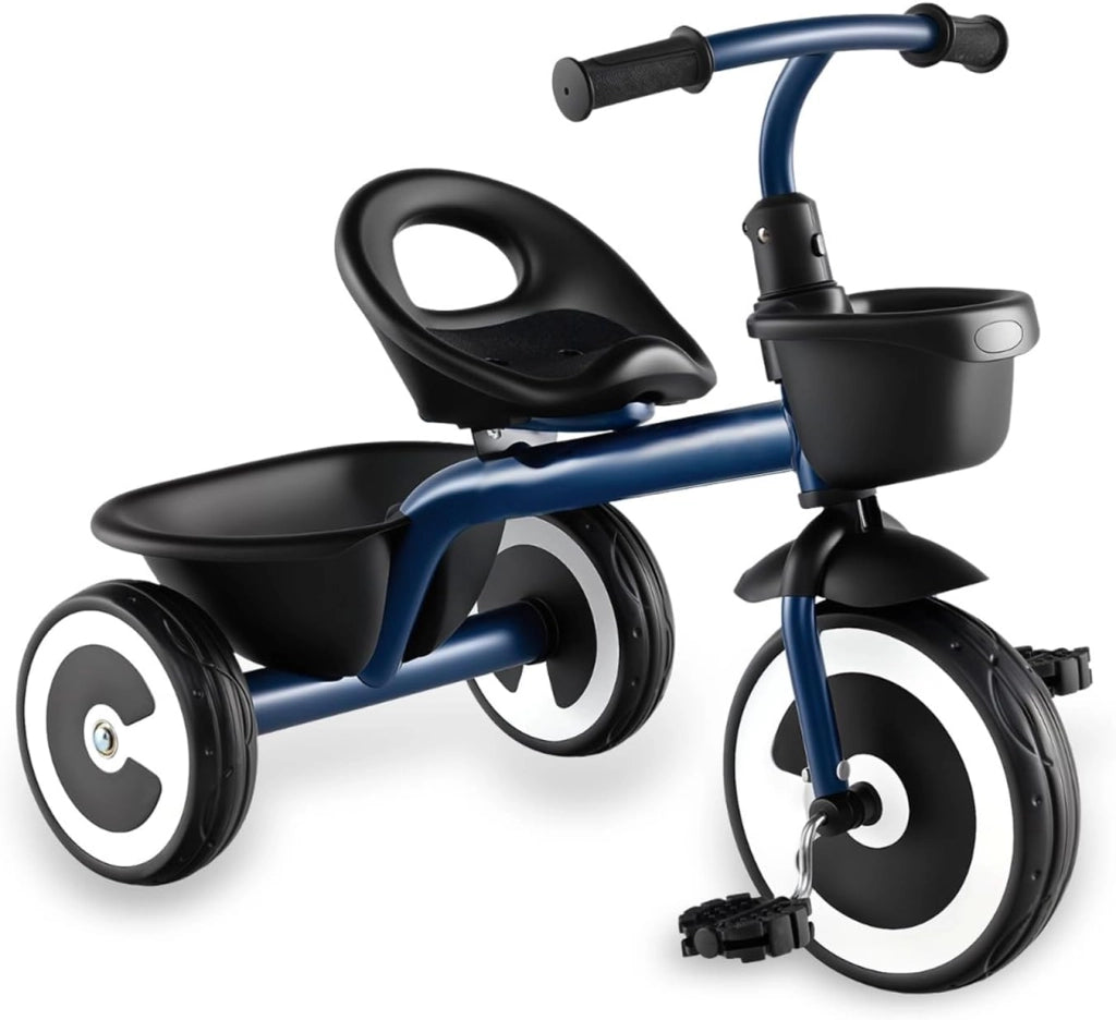 Triciclo Bambino 1-5 Anni, Triciclo Evolutivo con Sedile Comodo Regolabile in 2 Posizioni, Struttura a Triangolo Stabile, 2 Cestini di Stoccaggio, Ruote Antiscivolo, Carico 25 KG (Blu Scuro)