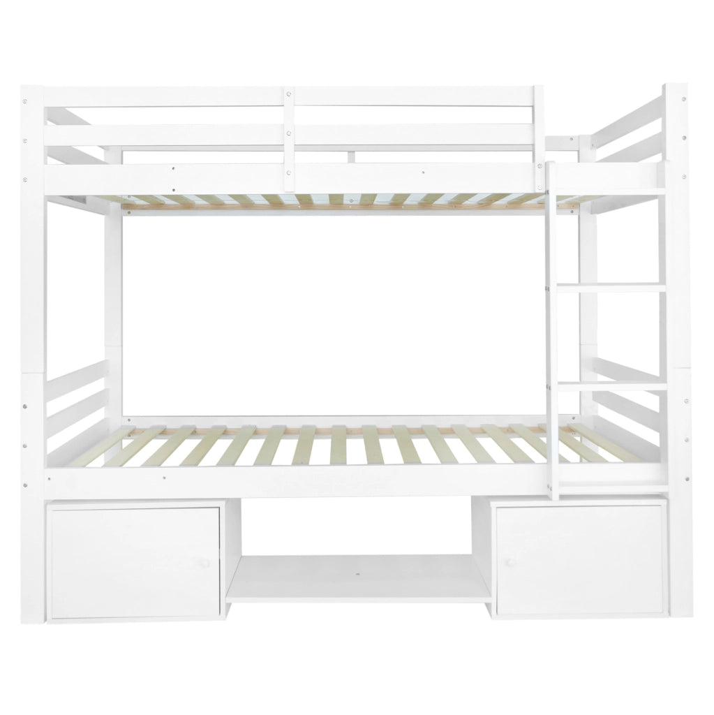 Letto a castello per bambini 205x104x158 cm con scaffale e armadietti; divisibile in 2 letti singoli; legno e MDF; bianco
