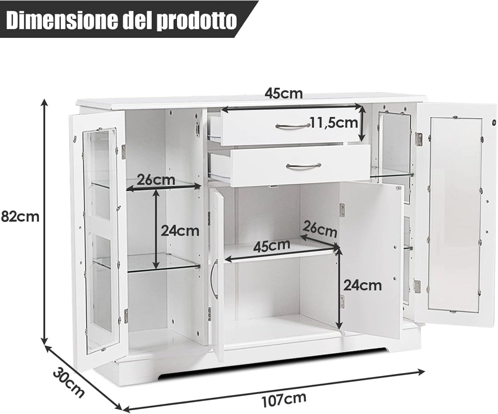 Armadio da Cucina, Armadietto Credenza con Ante in Vetro, Tavolo di Legno per Stoviglie, Armadietto con 2 Cassetti, Credenza per Cucina e Salone (Bianco)