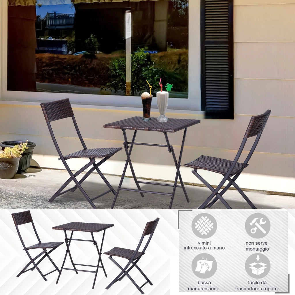 EasyComfort Set da Giardino Pieghevole da 3 Pezzi in Rattan PE e Metallo, Set 2 Sedie e Tavolino da Caffè, Protezione dai Raggi UV, Set di Mobili da Balcone, per Patio e Cortile, Marrone