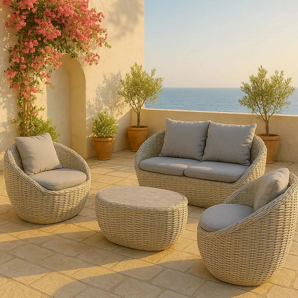 Set 4 Pezzi Salotto da Giardino 4 Posti Santorini con Divano 2 Poltrone e Tavolino in Polyrattan Grigio