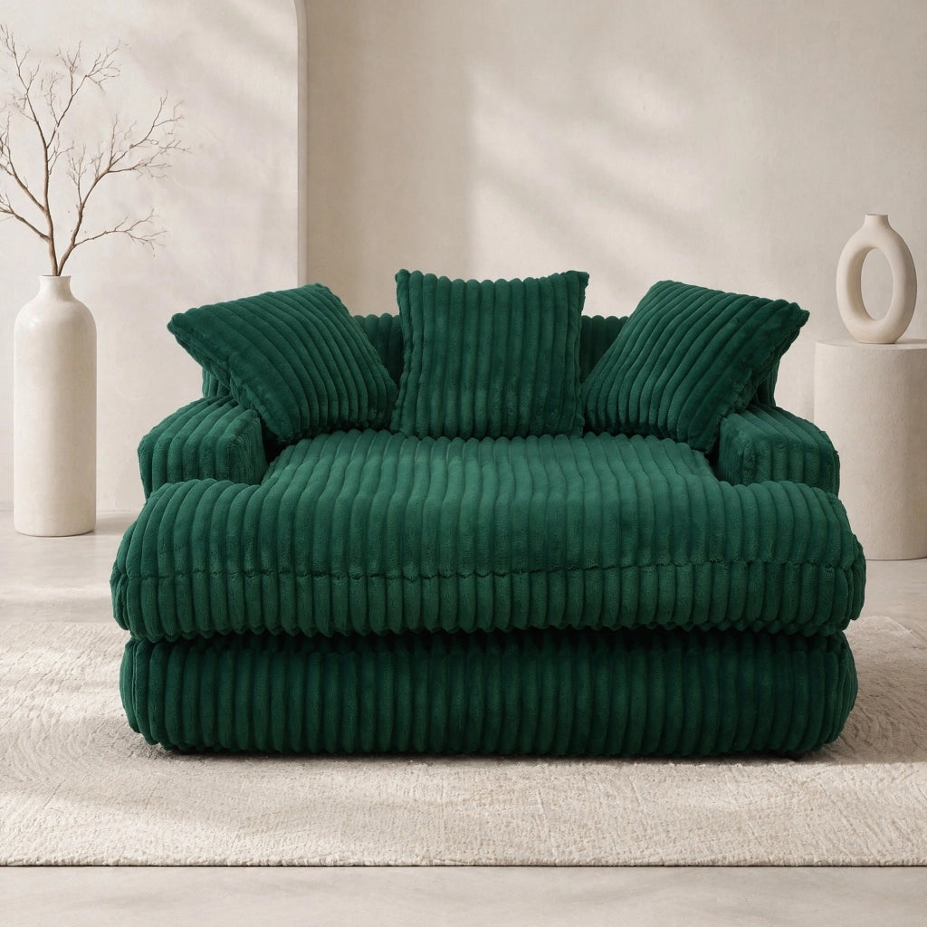 Chaise longue in velluto a coste verde smeraldo con 3 cuscini; 125 x 155 x 63 cm