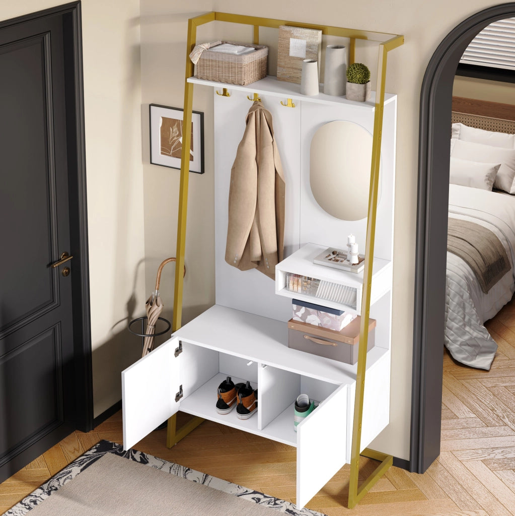 Guardaroba da ingresso 78x38,5x180,5 cm bianco MDF e metallo con specchio
