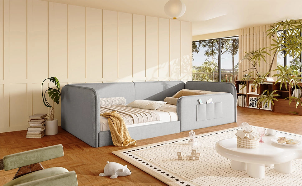 Letto singolo 90x200 in lino grigio con bordo di sicurezza e tasche laterali