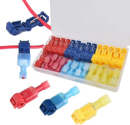 Set di connettori elettrici con 30 paia di T-Tap e connettori a spatola maschile - 60 pezzi in rosso, blu, giallo