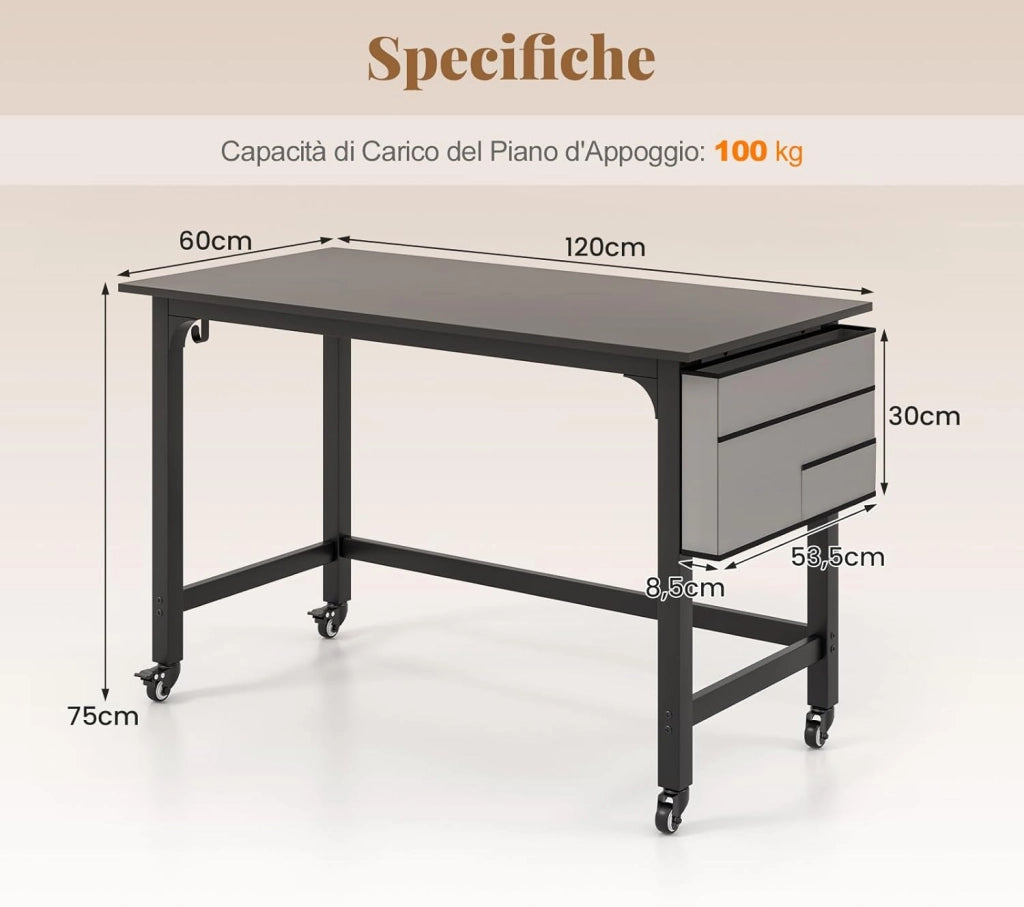 Scrivania per Ufficio e Casa, Scriviania con Ampio Piano, 4 Ruote Bloccabili, Borsa Rimovibile e Ganci per Cuffie, Scriviania per Computer di Metallo e Legno (Nero)