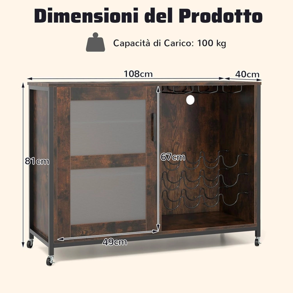 Mobile Bar per Vino con Luce LED, Credenza Buffet da Cucina con Ruote, Ripiani Regolabili, Supporti per Bicchieri e Bottiglie, per Sala da Pranzo e Soggiorno, 108 × 40 × 81 cm