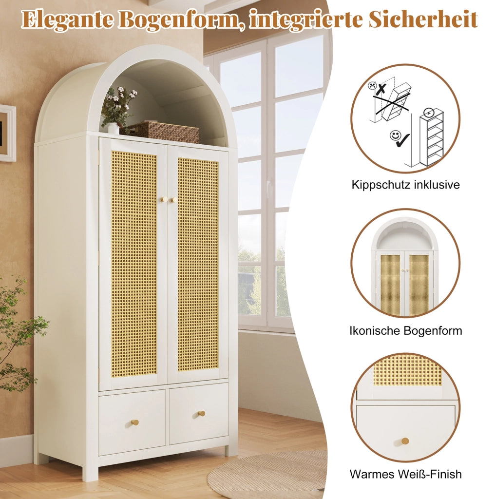 Armadio ad arco con intreccio in rattan, bianco, con 2 cassetti e asta appendiabiti