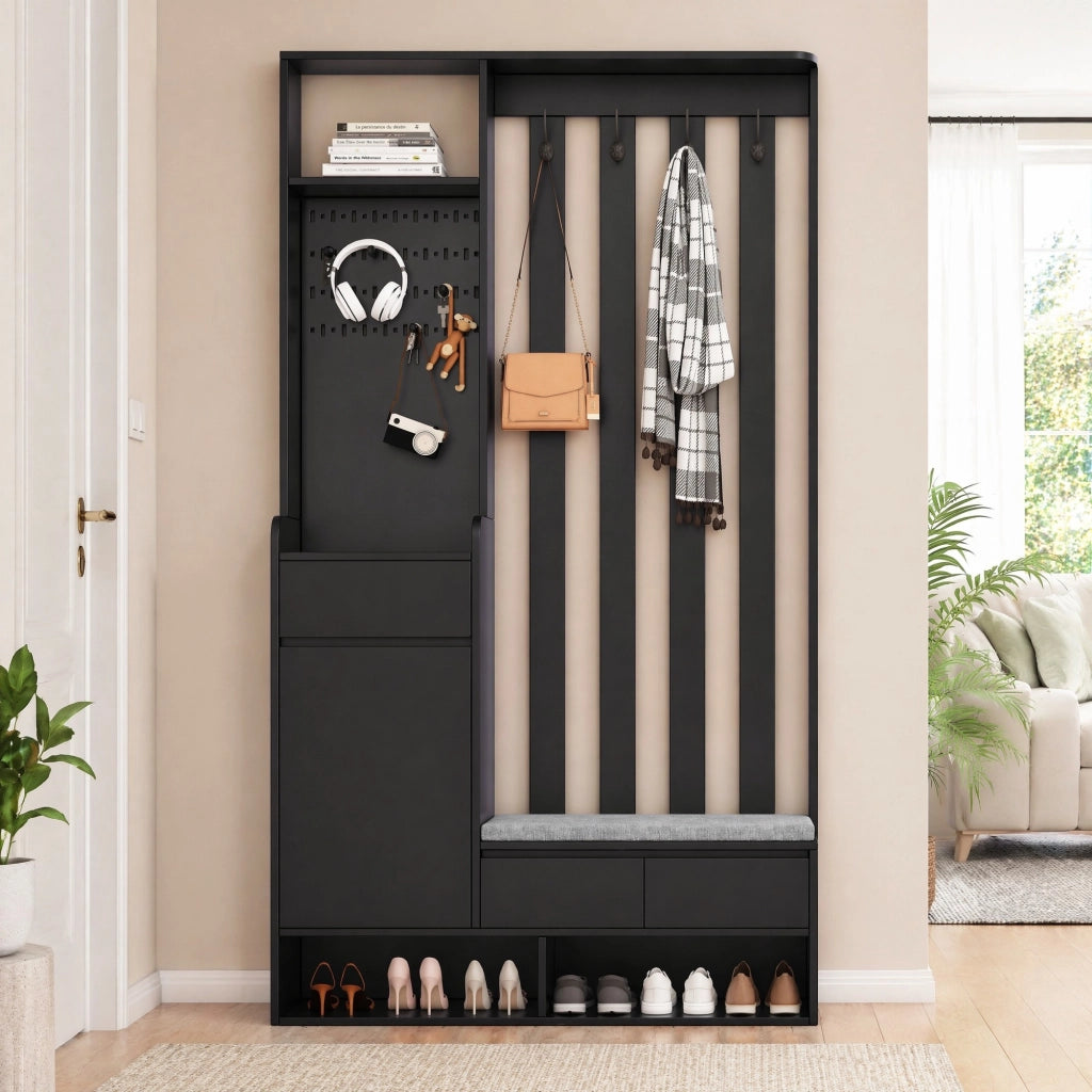 Guardaroba da ingresso multifunzionale con panca imbottita, pannello forato, 4 ganci e vani contenitore, nero, H180 x L100 x P35 cm