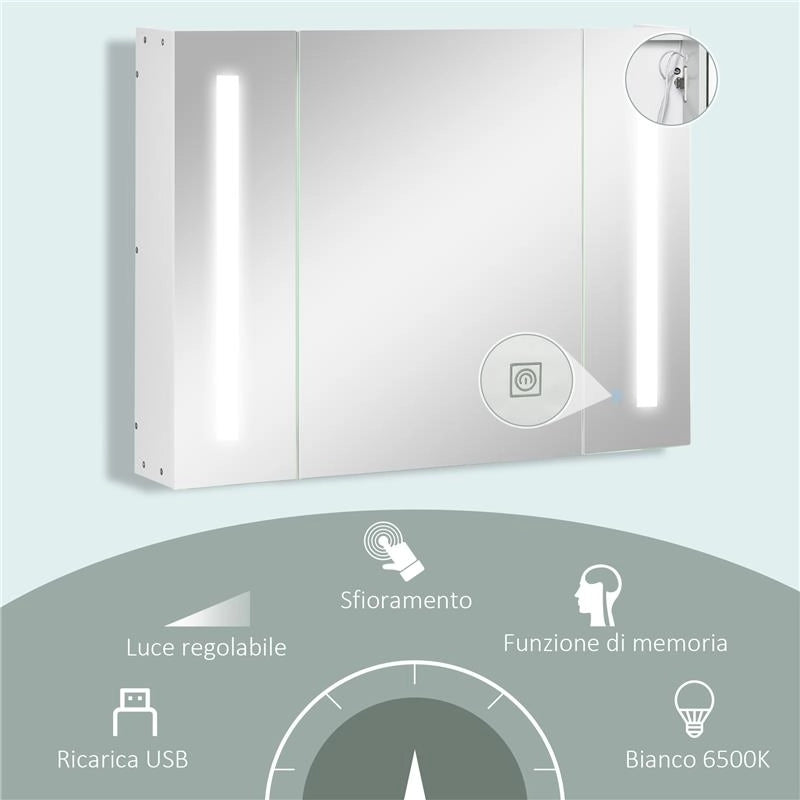 ARMADIETTO SPECCHIERA DA BAGNO CON 3 ARMADIETTI, 3 RIPIANI E LUCE LED, 90X15X65 CM, BIANCO