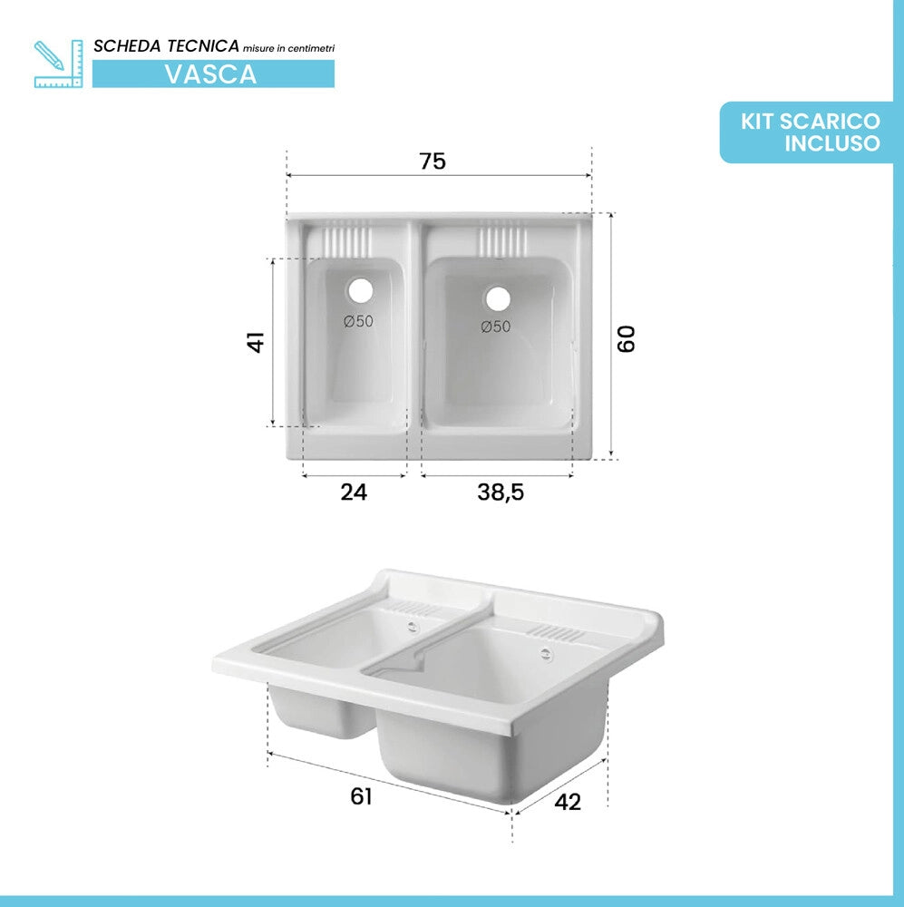 Vasca doppia per lavatoio 75x60  in termoformatura bianco con kit di scarico