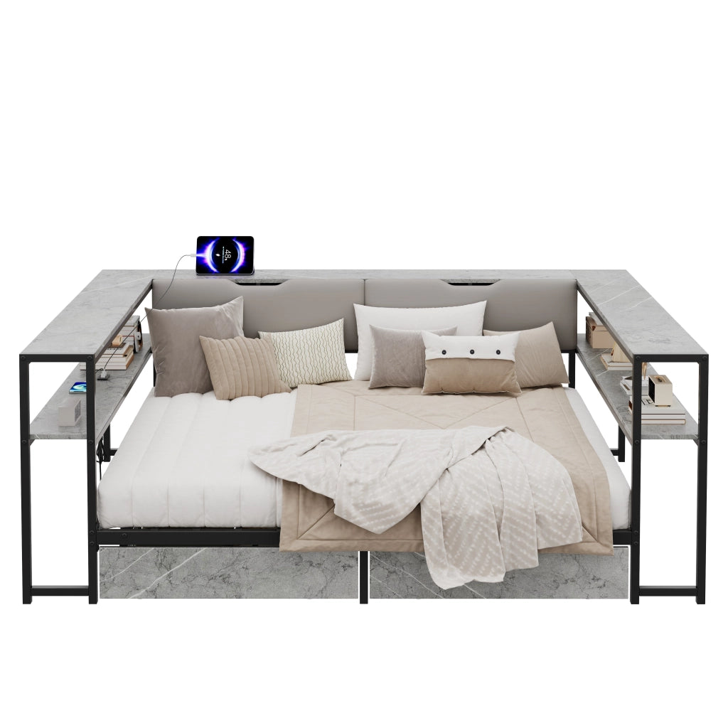 Letto con Cassetti 90x200 cm e 140x200 cm; USB e Type-C; in MDF e Metallo; Grigio