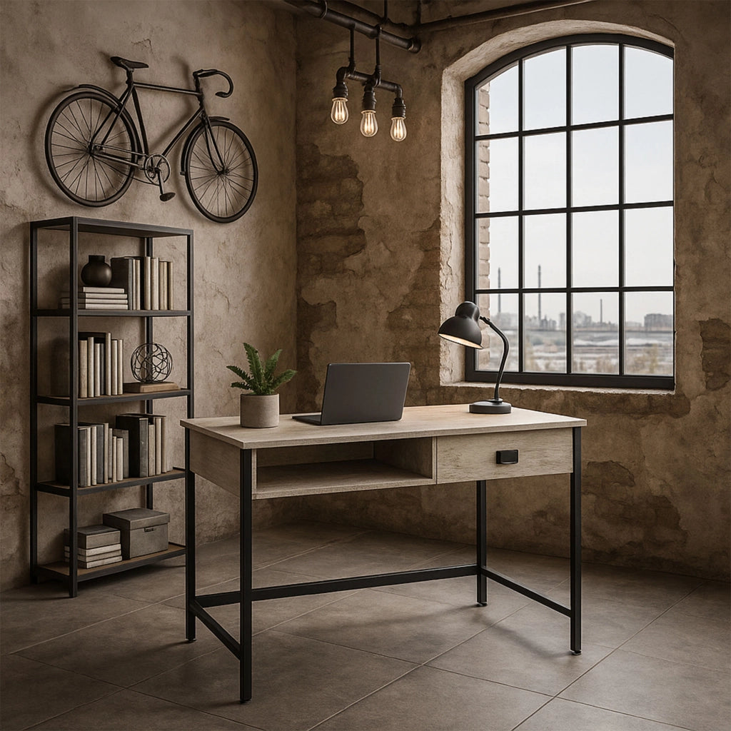 Otari - Scrivania in stile industrial bleach con cassetto e vano a giorno, 110x50xH76 cm