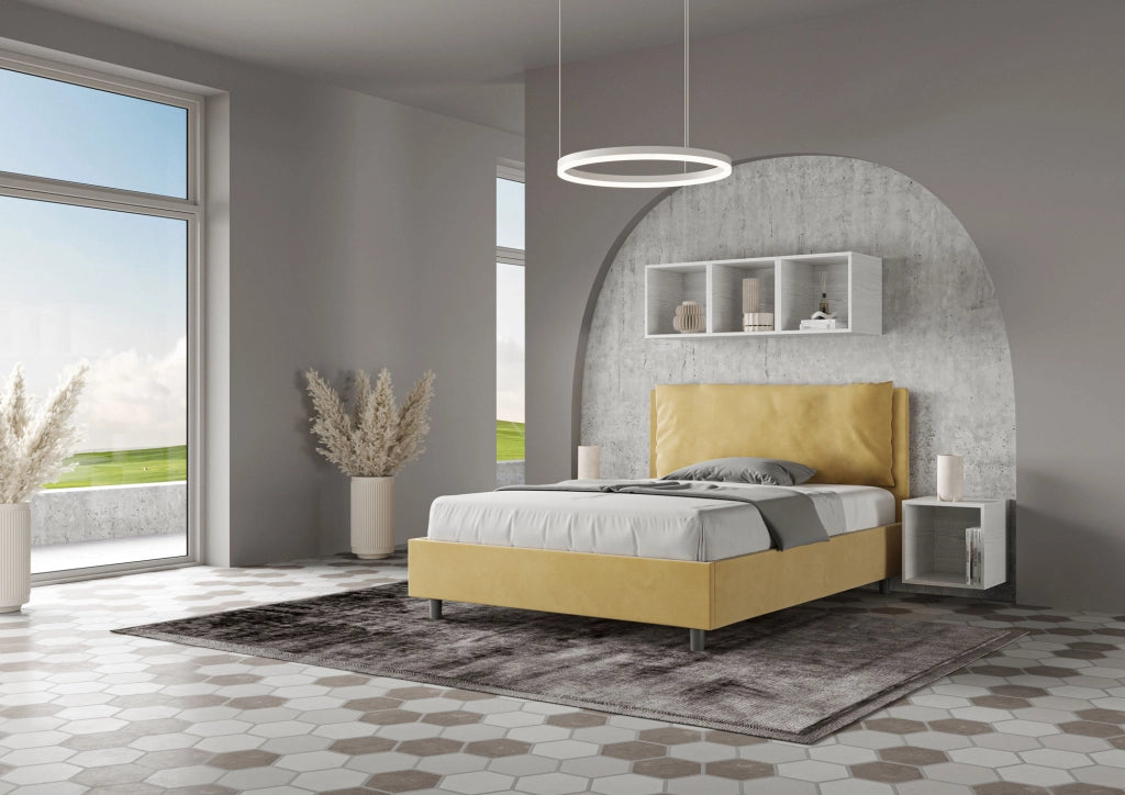 BS COM Letto matrimoniale francese contenitore imbottito 140x190 microfibra ocra Large