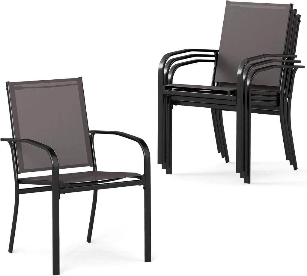 Set di 2/4 Sedie da Pranzo per Esterni, Sedia da Giardino Impilabili con Tessuto Traspirante, Braccioli, Schienale Alto e Telaio in Metallo, Portata 150 kg (Grigio,4)