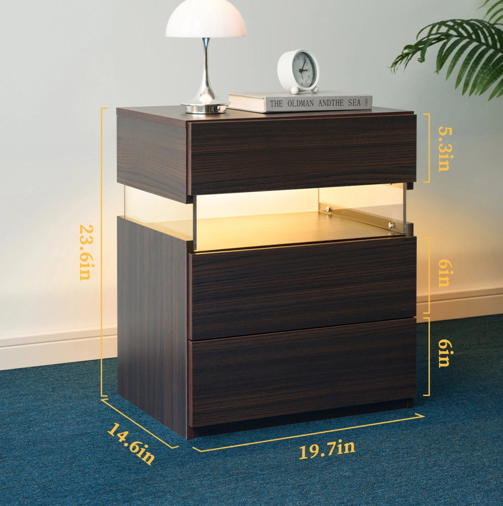 Comodino 60x46x22 cm con 3 cassetti e luce RGB; legno ingegnerizzato; noce