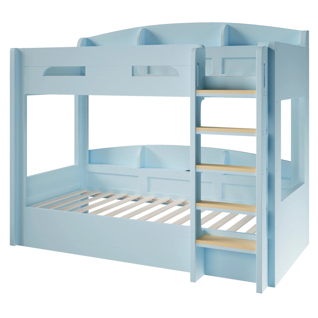 Letto a Soppalco 90x200 cm; Letto 2 Posti - USB e Mensole - in Legno Massello e MDF - Blu