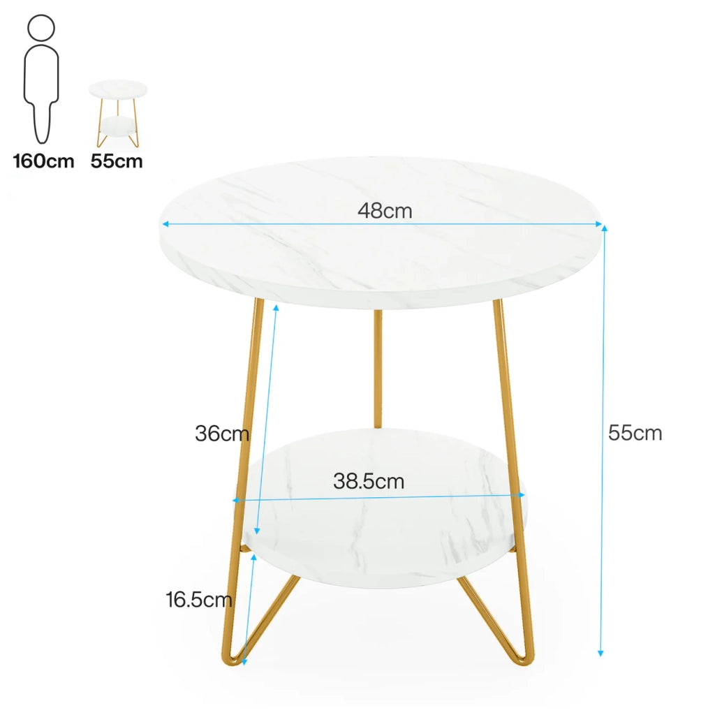 Tavolino basso con 2 ripiani in effetto marmo e gambe in metallo, per soggiorno, bianco oro, 47 × 47 × 55 cm