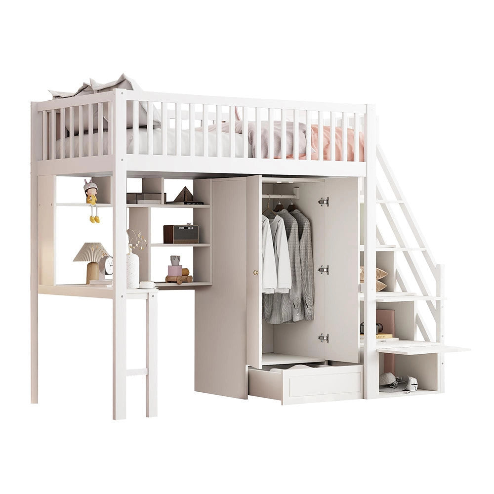 Letto a Soppalco Multifunzione – Xylo – 90x200cm, Legno Bianco, Grande Armadio, Scaffale, Tavolo, Scala, Ripostiglio
