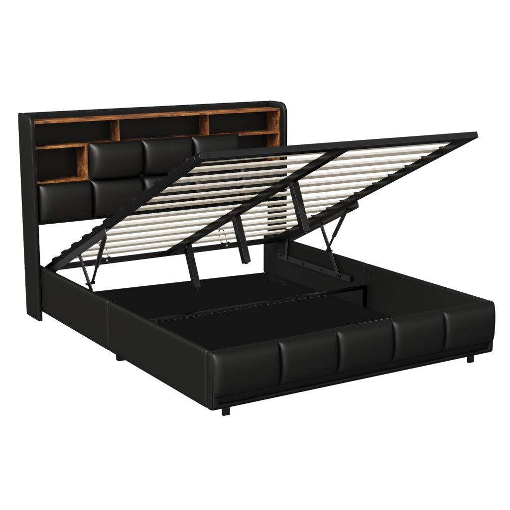 Letto matrimoniale con contenitore idraulico, testiera con vani, LED RGB, pelle sintetica nera, 140x190 cm, con porte USB e presa di corrente