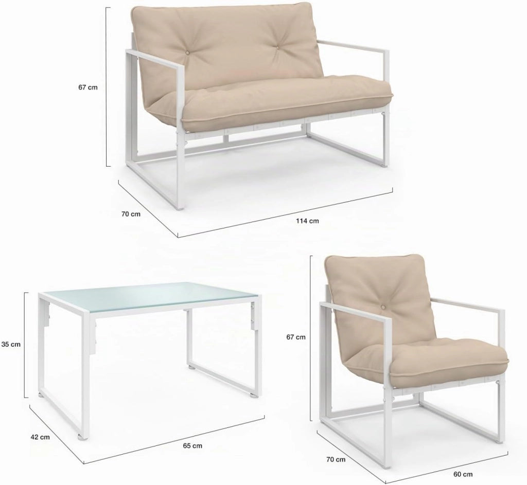 Nairobi Set di mobili da Giardino Bassi a 4 posti in Acciaio Bianco con Cuscini Beige