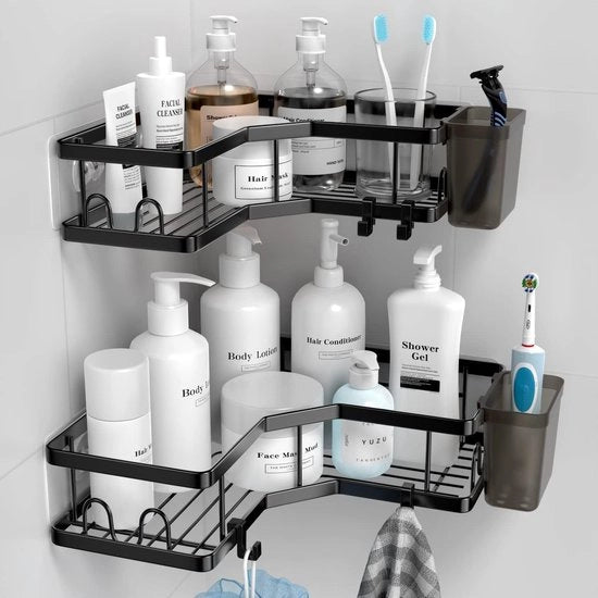 Organizzatore angolare per bagno in acciaio inossidabile nero, autofissante, senza fori, 2 pezzi