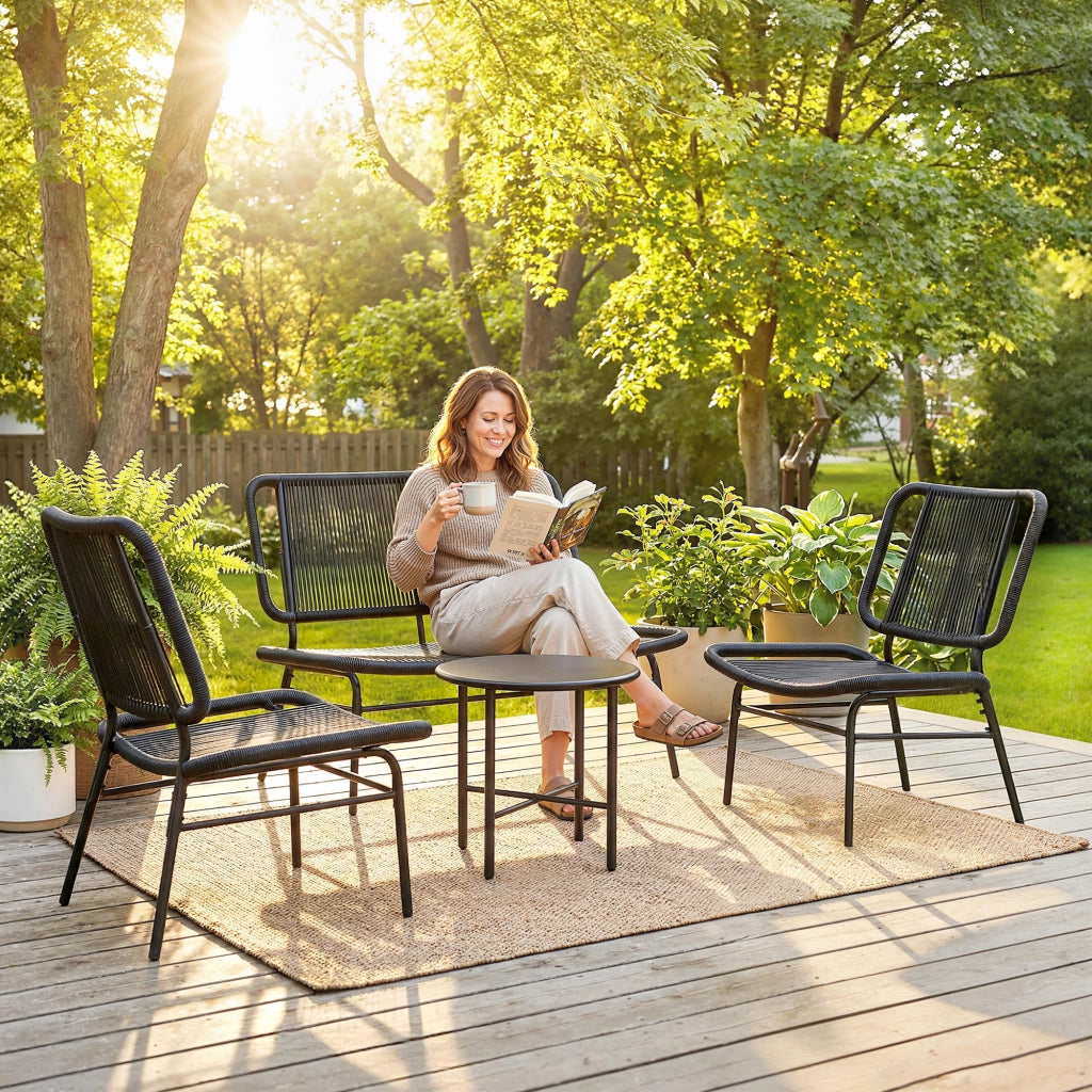 Set Mobili Giardino Rattan 4 Pezzi, Divano Esterno con Tavolino Metallo, Nero