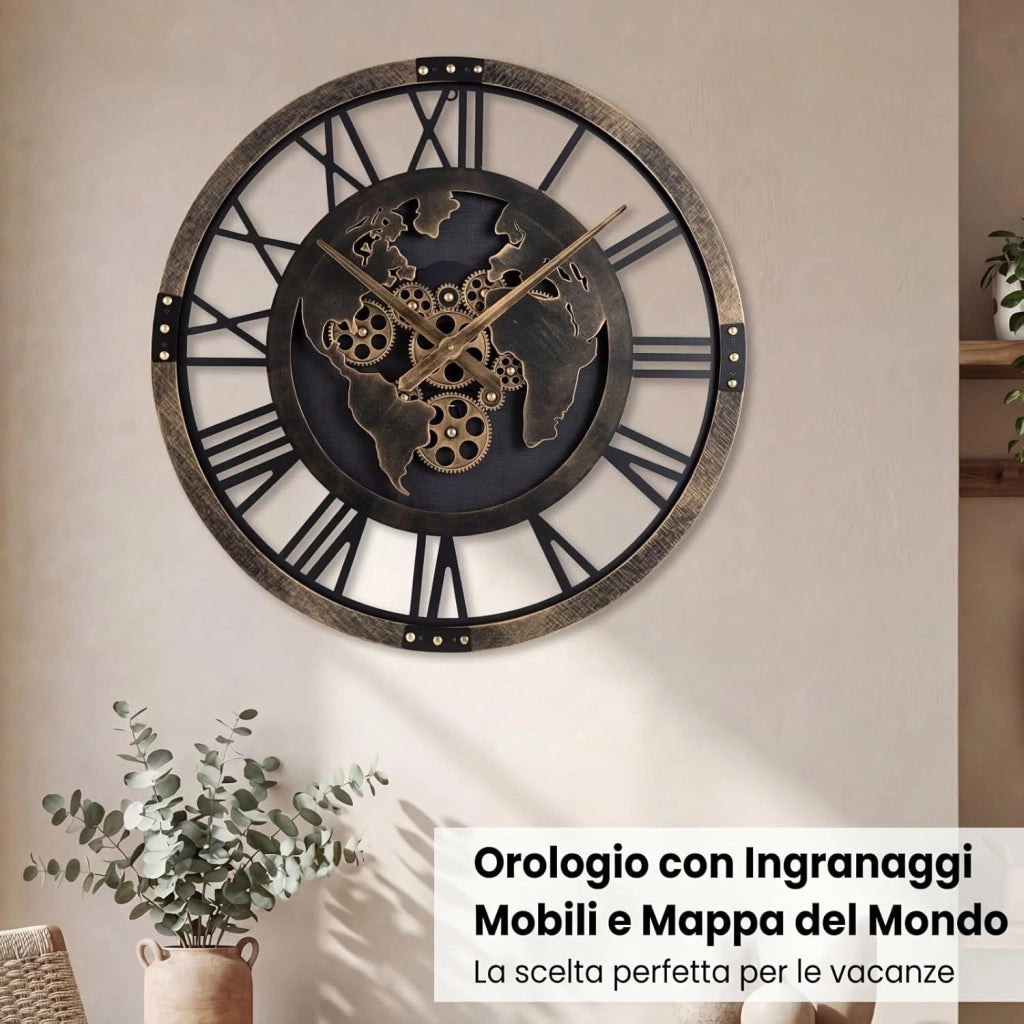 Grande Orologio da Parete 68 cm, Orologio a Ingranaggi con Mappa del Mondo, Orologio in Metallo Decorativo Silenzioso con Ingranaggi Mobili, per Soggiorno Camera da Letto Cucina