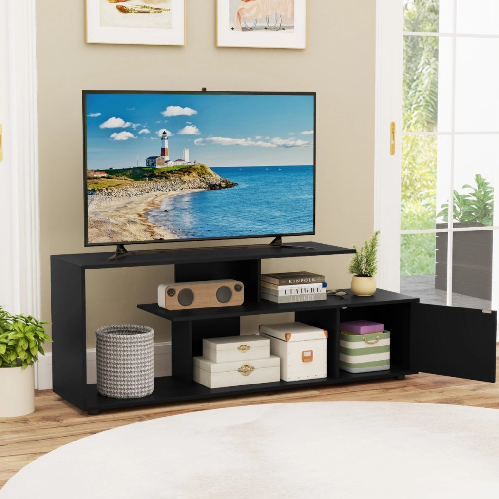 Supporto per TV con ripiani di stoccaggio e armadietto, Console media a 3 ripiani asimmetrici per soggiorno Nero