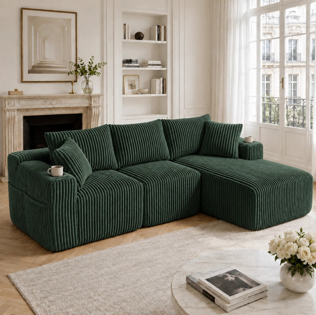 Divano modulare con chaise longue e 2 posti; in corduroy verde smeraldo; 257×160×62 cm